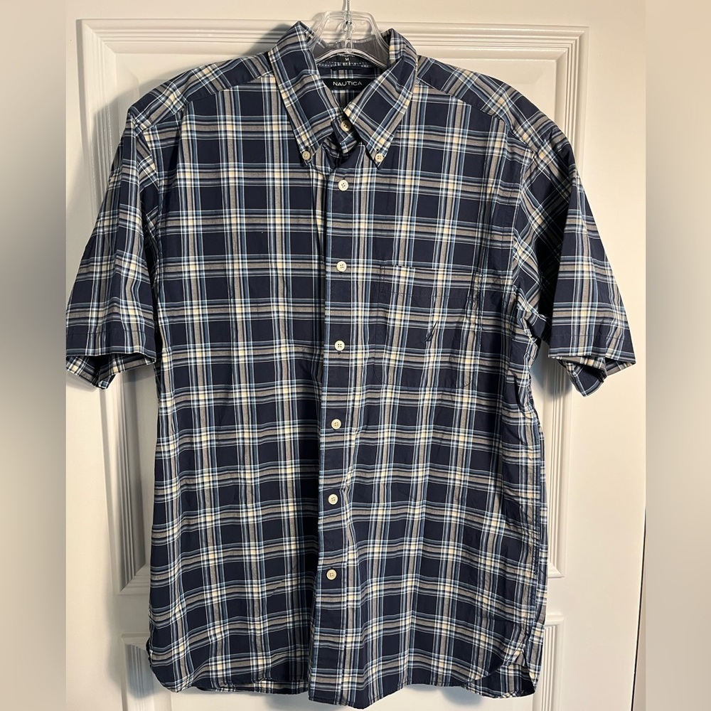 Men’s Nautical Plaid Short-Sleeve Button-Down Shirt - Navy Blue - Medium - EUC